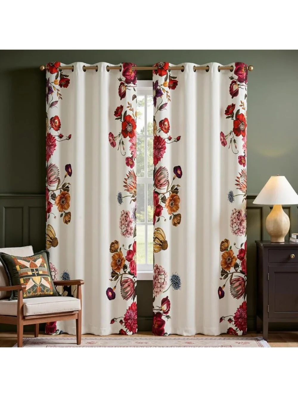 Vintage Floral Blackout Curtains - Light Filtering Drapes, Retro Flower Print